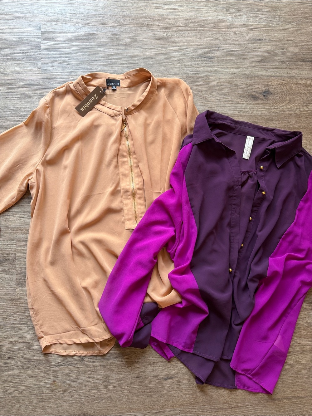 Zenobia Peach Zip-Front Blouse & Magenta-Purple Button Down